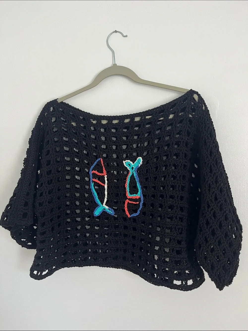 Handmade Black Crochet boxy tee with Colorful Fish Embroidery